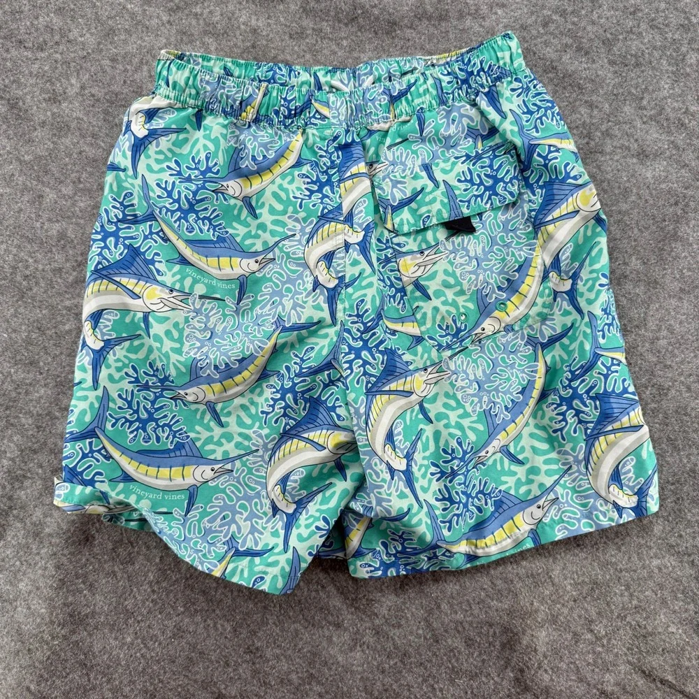 Vineyard Vines Swim Trunks Mens Small Marlin Coral Blue Green Board‎ Shorts